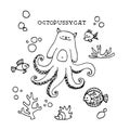 Funny cute octopus cat with tentacles, marine monster, ornament element Royalty Free Stock Photo